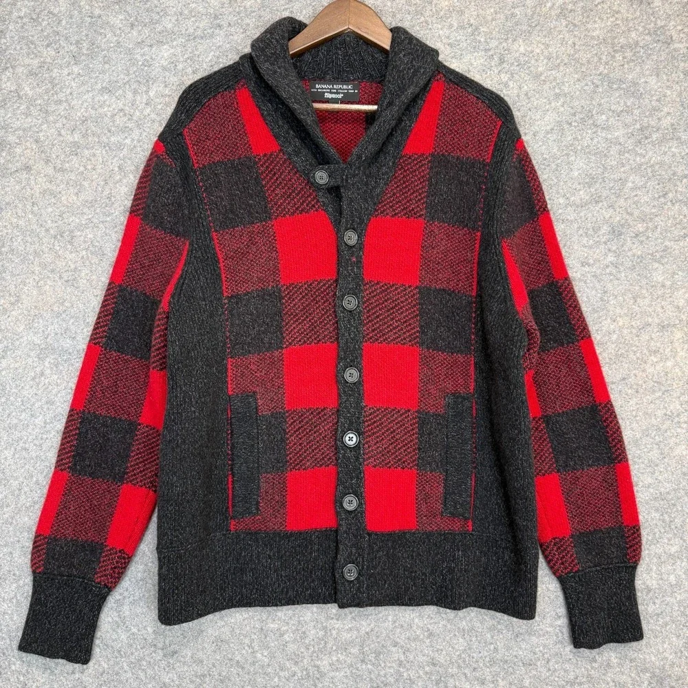 Banana‎ Republic Filpucci Merino Wool Buffalo Plaid Cardigan Mens XL Shawl Heavy